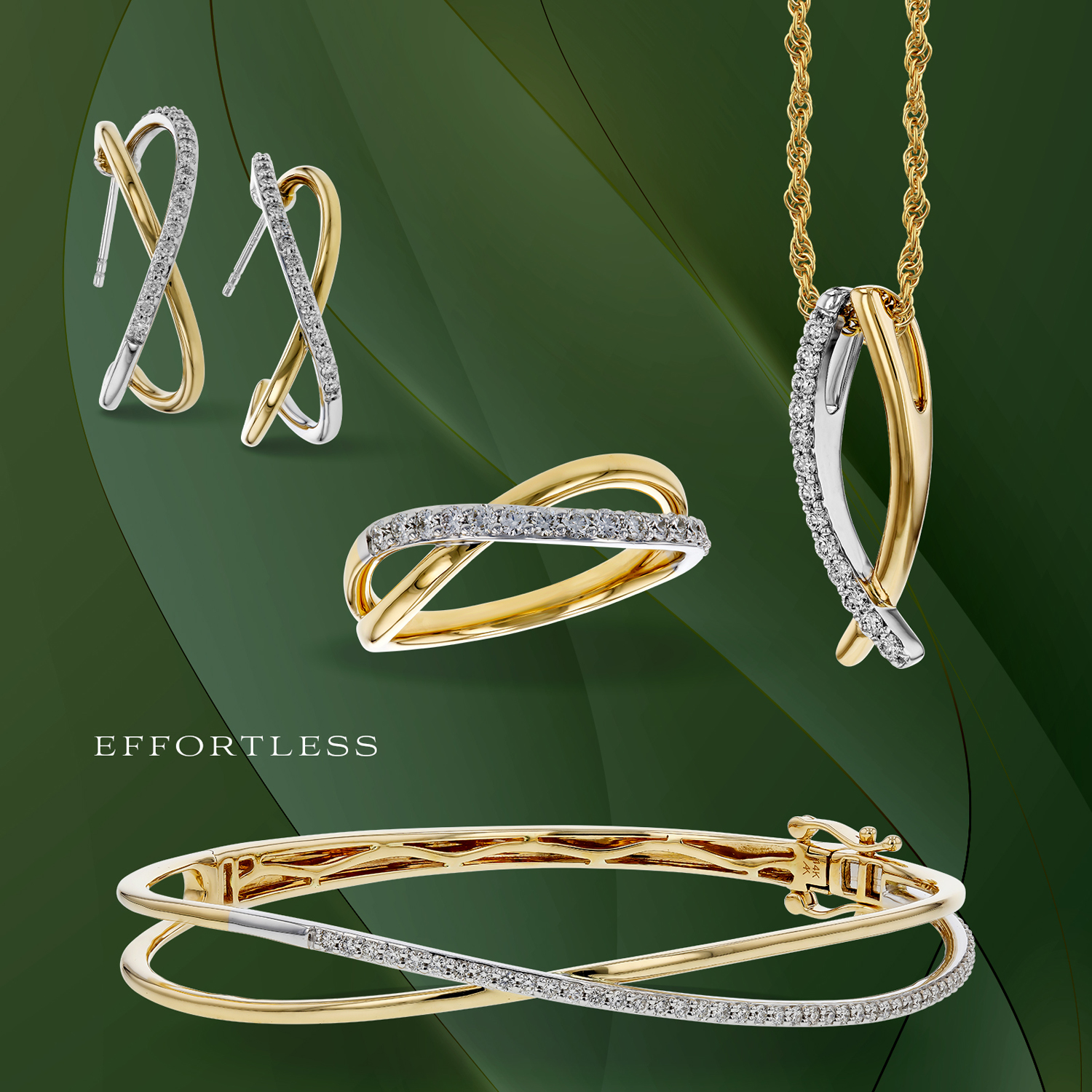 Two-tone diamond earrings, ring, pendant, and bracelet